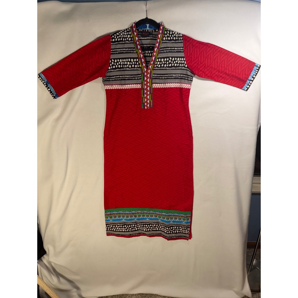 Kashish Red Cotton Kurta Tunic Geometric Tribal Print V-Neck Size S 96cm